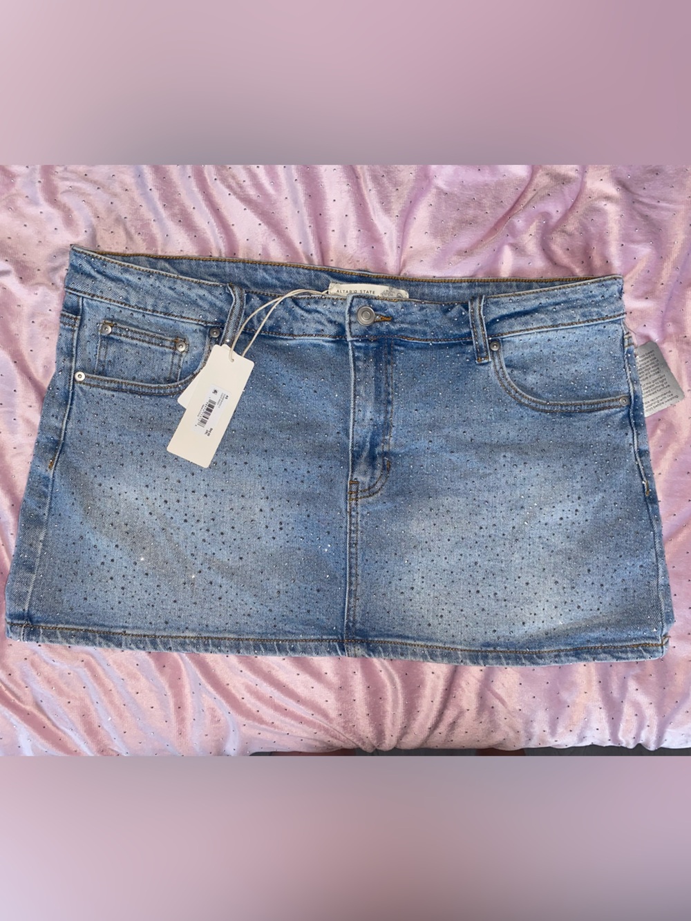 NWT Altar’d State Women’s Light Blue Denim Mini Skirt with Sparkly Rhinestones